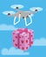 Drone delivery Valentine Day romantic gift box pink heart. Vector