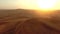 Drone, desert or nature sand dunes at sunset for freedom, vacation or Namibia holiday on dry land in African sahara