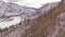 DRONE: Dreary view of a burnt down forest and the wintry American wilderness.