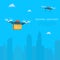 Drone fast delivery concept, two quadcopters flying with cityscape background. Air drones carrying package into urban city