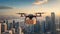 drone flies with a box over the city innovation