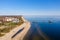 Drone flies over the sea bridge of Ahlbeck