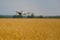 Drone flies over a yellow wheat field in the countryside