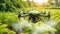 drone flies and sprays green plants in the beds irrigation equipment