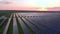 Drone fly over Solar Farm. Renewable green energy and electrical technology. Field of Solar Panels Stands in a Row in