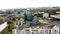 Drone flying around National Library landmark of Belarus, Minsk. Amazing autumn urban megapolis architecture panorama.