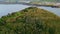 Drone flying green island forest on cloudy morning. Picturesque ocean coastline