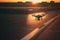 Drone flying near an airport at sunset, ai generated