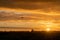 Drone flying over green springtime meadows with a colorful orange sunset sky behind