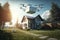 Drone flying over the house. Drone deliver parcel concept. Generative AI