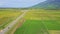Drone follows car driving along road among rice fields