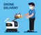 Drone giving package to customer, robot courier delivery service in cartoon flat illustration vector