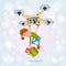 Drone Green Elf Delivery Present, Happy New Year Merry Christmas Holiday Banner