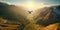 Drone hovering above a sunlit valley, capturing stunning aerial photography, concept of Unmanned aerial vehicle