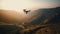 Drone hovering mid air, filming mountain adventure video generated by AI