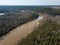 drone image. aerial view of forest river in spring. Gauja, Latvia