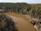 drone image. aerial view of forest river in spring. Gauja, Latvia