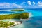 Drone image of Rangiroa atoll island reef motu in French Polynesia Tahiti