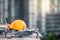 Drone, laptop and helmet at construction site