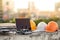 Drone, laptop and protective helmet at construction site