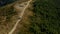 Drone mountain roadtrip car going to rocky peak green trees growing scene