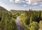 Drone over a river and forest. Aerial amazing view of streams