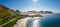 drone panorama of Jusnesvika Bay featuring Rambergstranda beach on Flakstadoya Island, Lofoten, Norway