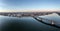 Drone panorama on the Rhine over the Theodor-Heuss bridge on the Mainz Rhine bank at sunrise