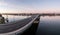 Drone panorama on the Rhine over the Theodor-Heuss bridge on the Mainz Rhine bank at sunrise