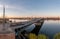 Drone panorama on the Rhine over the Theodor-Heuss bridge on the Mainz Rhine bank at sunrise