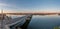 Drone panorama on the Rhine over the Theodor-Heuss bridge on the Mainz Rhine bank at sunrise