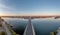 Drone panorama on the Rhine over the Theodor-Heuss bridge on the Mainz Rhine bank at sunrise