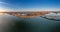 Drone panorama on the Rhine over the Theodor-Heuss bridge on the Mainz Rhine bank at sunrise