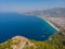 Drone photo of Alanya coast with Mediterranean turquoise sea and mountains