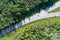 Drone photo of crossroad between trees in colorful early summer