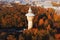 Drone photo view of the tower in the Park of Polytechnic University in St. Petersburg