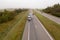 Drone photography of truck removing road signs in a highway