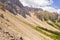 Drone pint of view of mountain rock slide and hiking path through it