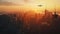 Drone Plane Soaring Over City at Sunset