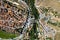 Drone point of view Avila cityscape rooftops. Spain