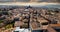 Drone point of view Avila cityscape rooftops. Spain