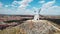 Drone point of view famous windmills in Consuegra town, Spain