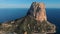 Drone point of view Penon de Ifach or Penyal dIfac limestone cliff located at Natural Park of Calpe resort town. Sunny day,