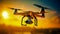 Drone quadcopter with digital camera flies in the blue sky