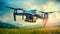 Drone quadcopter with digital camera flies in the blue sky