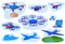 Drone quadcopter vector illustration set, cartoon flat aircrafts helicopter collection of flying modern drones service