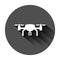 Drone quadrocopter icon in flat style. Quadcopter camera vector illustration on black round background with long shadow.