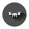Drone quadrocopter icon in flat style. Quadcopter camera vector illustration on black round background with long shadow.