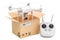 Drone quadrocopter with remote control inside cardboard box, del