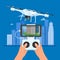 Drone with remote control flying over city. Aerial drone with camera taking photography and video concept vector